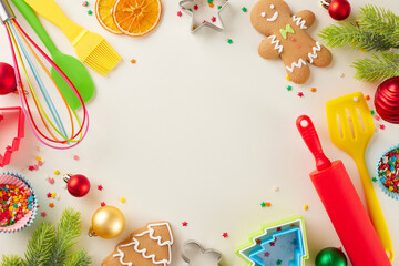 Idea behind making holiday desserts. Top view shot of gingerbread cookies, candies, xmas decor,...