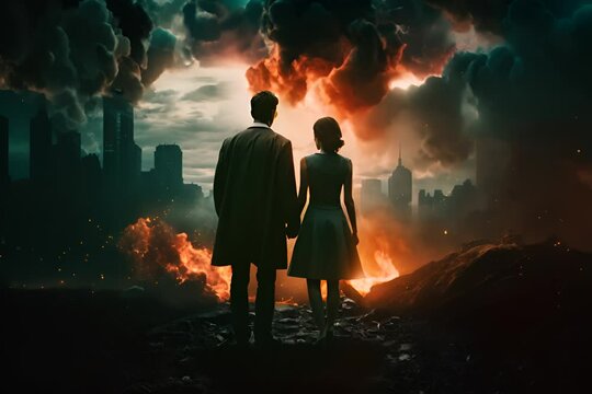 A silhouette of a couple standing before a fiery dystopian cityscape under a stormy sky, depicting a sense of apocalypse.