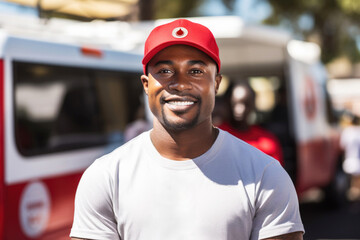 Portrait of a smiling male volunteer, blood donor african american man at a mobile blood collection center. World donor day concept, national blood donor month