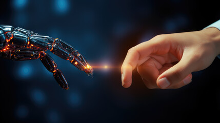 A human finger gently touches a robot's metallic finger, symbolizing harmonious coexistence of humans and AI technology. Blurry technology background.