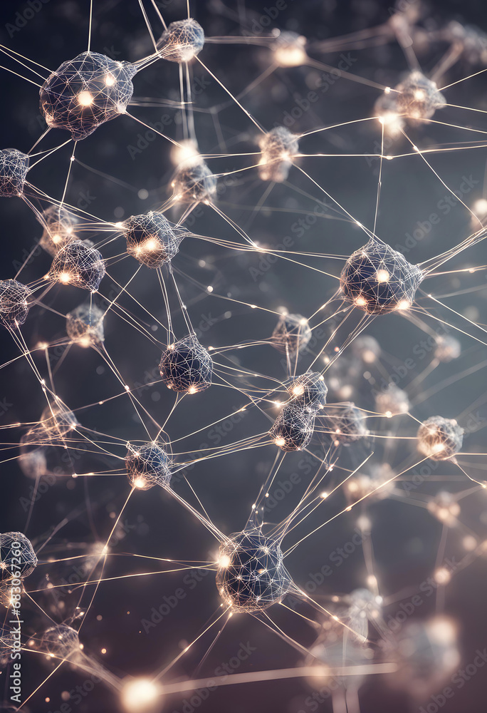 Poster neural network 3d illustration. big data and cyber security, many connected points, lights vertical