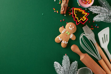 Crafting holiday confections concept. Top view composition of xmas cookies, candies, cinnamon,...