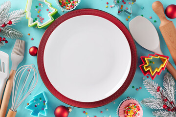 Baking Yuletide sweets concept. Top view photo of plate, xmas balls, candies, baking tools, baking...
