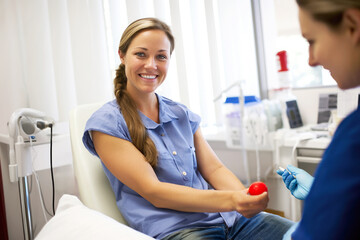 A smiling caucasian white woman, volunteer donor, prepping for blood donation in a modern clinic. World donor day concept, national blood donor month