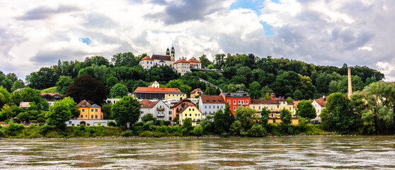 Panoramic view of Passau. Confluence of three rivers Danube, Inn, Ilz, Bavaria, Germany. High...