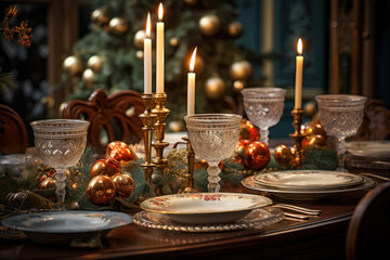 Fototapeta na wymiar A handsomely set table with candles and fine china, inviting a sense of elegance and sophistication for New Year's festivities. Concept of refined celebrations. Generative Ai.