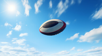 Rugby ball soaring through a clear blue sky with clouds in the background.