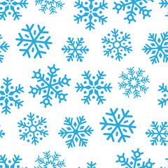 Beautiful small different blue snowflakes isolated on a white background. Cute monochrome holiday seamless pattern. Vector simple flat graphic illustration. Texture.