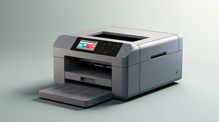 a modern gray printer against a clean and light background, the printer's features and details, capturing the essence of technology in a minimalist setting.