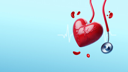 Red heart with a cardiogram, a phonendoscope and blood cells flying and floating in air on a blue background. Creative concept Fighting cardiovascular diseases and Heart health. Banner, copy space