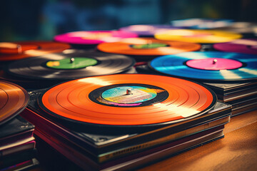A stack of retro vinyl records with colorful album covers, recalling the nostalgia of analog music. Concept of vintage entertainment. Generative Ai. - Powered by Adobe