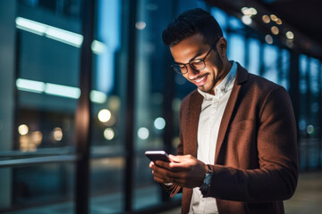 Happy young businessman using mobile phone and holding smart phone at office