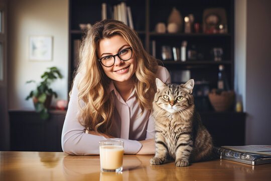 Smiling businesswoman with cat on desk having drink in home office.