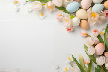 Naklejka na ściany i meble Elegant Easter Greetings with Pastel Eggs and Fresh Tulips on White Background