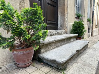 Doorstep with cypress in Rome style ceramic pots. France, Burgundy, Autun
