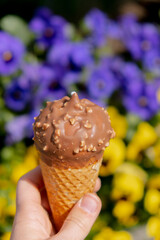 Female hand holding delicious american vanilla chocolate ice cream. Tasty homemade icecream Gelato...