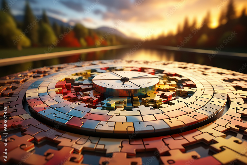 Poster a clock face constructed from floating puzzle pieces, symbolizing the intricate and interconnected n
