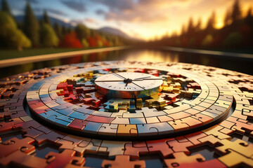 Obraz premium A clock face constructed from floating puzzle pieces, symbolizing the intricate and interconnected nature of time. Concept of temporal puzzles. Generative Ai.
