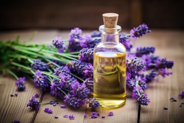 A bottle of essential oil with fresh lavender twigs on a wooden background