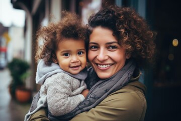 Portrait of a smiling young mother holding infant child - obrazy, fototapety, plakaty