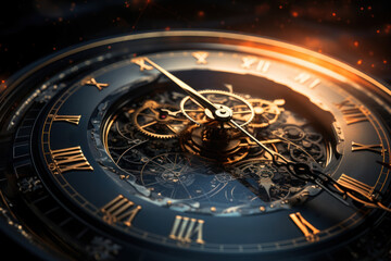 A clock face formed by the interplay of light and shadow, highlighting the transient and ever-changing nature of time. Concept of temporal chiaroscuro. Generative Ai.