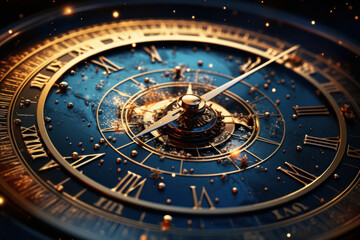 Naklejka premium A clock face created from interconnected cosmic constellations, representing the vast and timeless nature of the universe within time. Concept of cosmic temporality. Generative Ai.