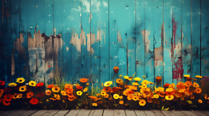 colors flowers with old wooden background in blue color