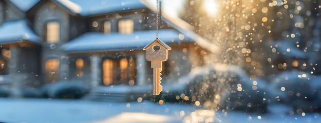 Key with house shaped keychain. Modern country private villa with winter snowy garden on the background. Real estate, moving home or renting property concept.