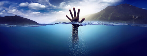 Drowning person, man, reaching out for help - obrazy, fototapety, plakaty