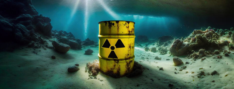 Yellow barrels for radiation hazard waste at the bottom of the ocean. Concept water radioactive pollution