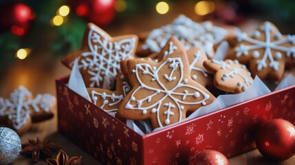 Fototapeta na wymiar Gingerbread handmade cookies in a big red box the Christmas tree on background