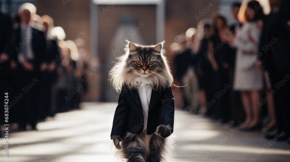 Poster a cat in a suit walking down a runway. generative ai.