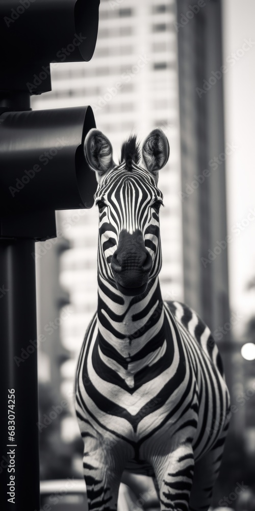 Aufkleber a zebra standing next to a traffic light. generative ai.