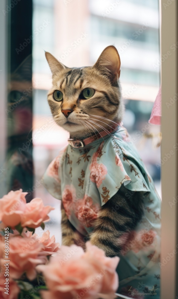 Poster a cat sitting on a window sill next to flowers. generative ai.