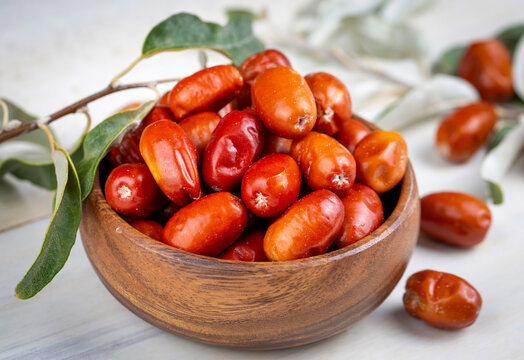 Fresh raw silverberry fruits in bowl with bunch of silverberry tree, oleaster or russian olive ( Elaeagnus )
