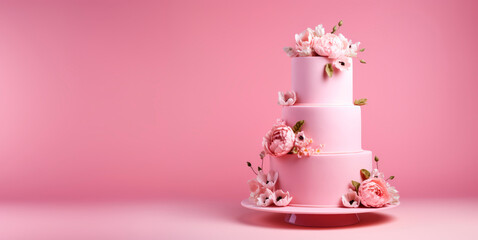 Beautiful multi-tiered cake decorated with flowers. Copy space. On a pink background, there is a pink cake on a stand. 