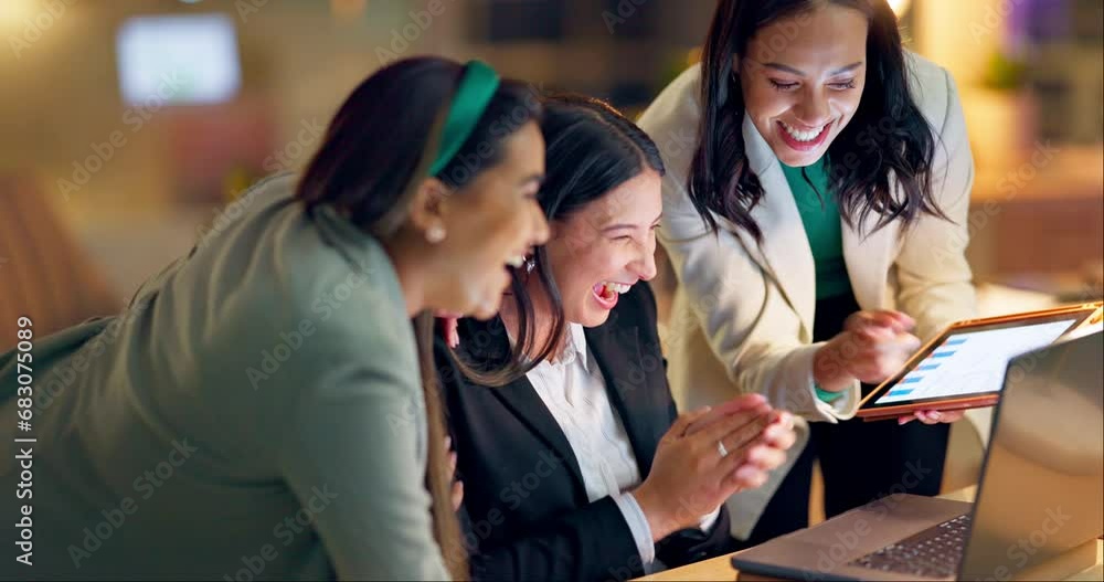Aufkleber tech, high five and applause with business women in the office together for support or success. inte