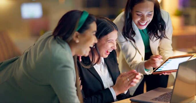 Tech, high five and applause with business women in the office together for support or success. Internet, teamwork and motivation with a happy young employee group clapping in the workplace at night