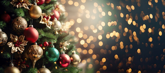 Christmas tree with red gold ornaments and baubles on blurred bokeh lights background