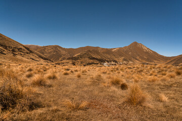 Drone perspective photo of the extreme terrain of the Lindis Pass alpine mountain pass