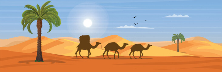illustration with desert scenery beautiful bright sky on the desert with camel, dates tree and caravan. vector illustration	
