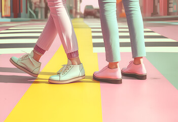 People legs crossing the pedestrian crossing pastel colors