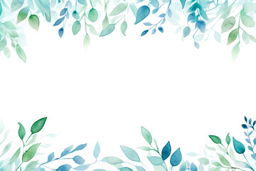 Fototapeta na wymiar Watercolor Green and Blue Leaves Frame Isolated on White Background