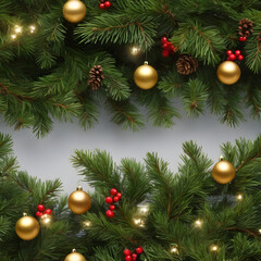 Naklejka na ściany i meble Christmas background with xmas tree . Merry christmas card. Winter holiday theme. Happy New Year. Space for text