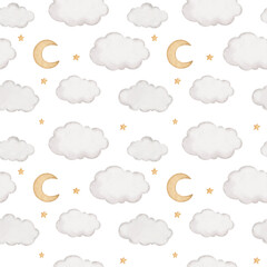 Christmas Seamless Pattern  background, seamless tiling, wrapping paper, print, fabric design. Clouds and a moon. Merry Christmas and Happy New Year!