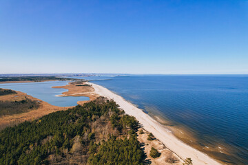 Aerial view drone of river goes into the sea. Delta of Vistula river goes in Baltic Sea in Sobieszewo Gdansk Poland. Forest and small village around river - obrazy, fototapety, plakaty