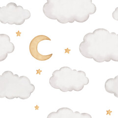 Christmas Seamless Pattern  background, seamless tiling, wrapping paper, print, fabric design. Clouds and a moon. Merry Christmas and Happy New Year!