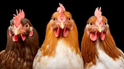 Three chickens isolated background, AI Generative.
