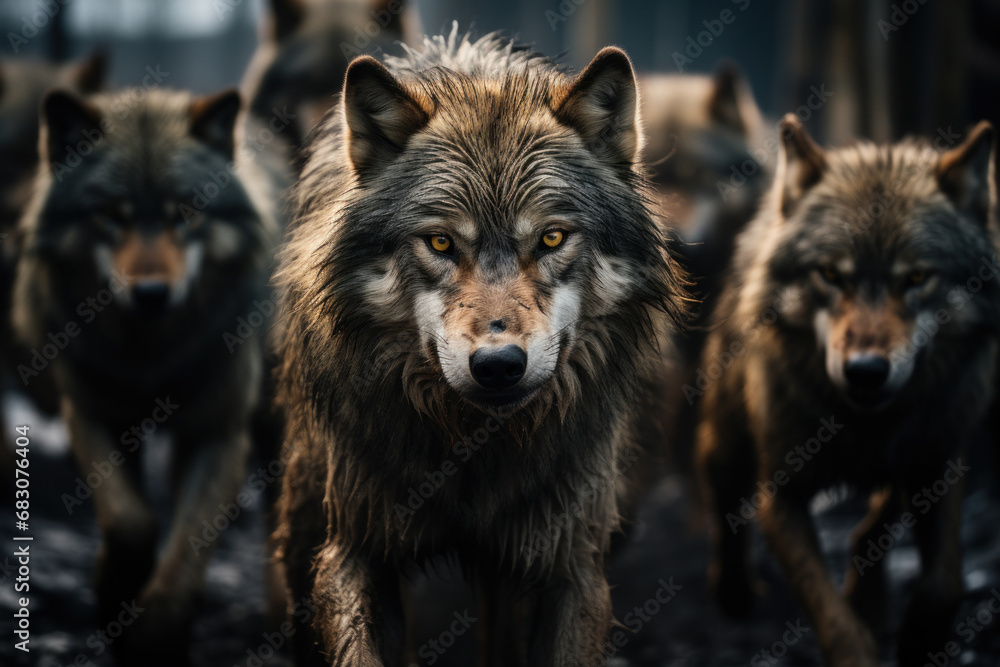 Poster a pack of wolves working together to hunt, exemplifying the intricate social structures within wildl