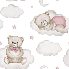 Seamless pattern with cute bears on white clouds. Watercolor hand drawn illustration with white isolated background. Teddy bear sleeps on cloud and sits on cloud in the sky. Baby shower clipart.